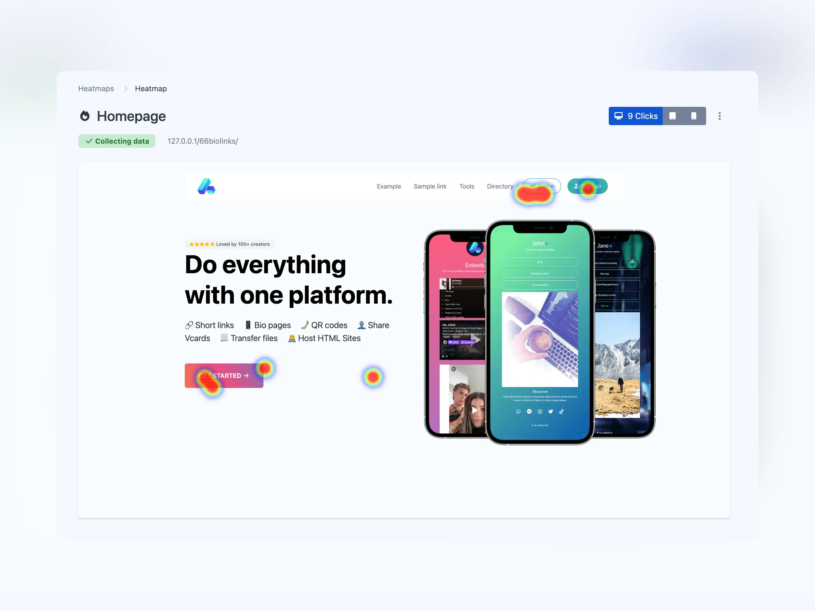 Captura de tela da página de heatmaps do aplicativo