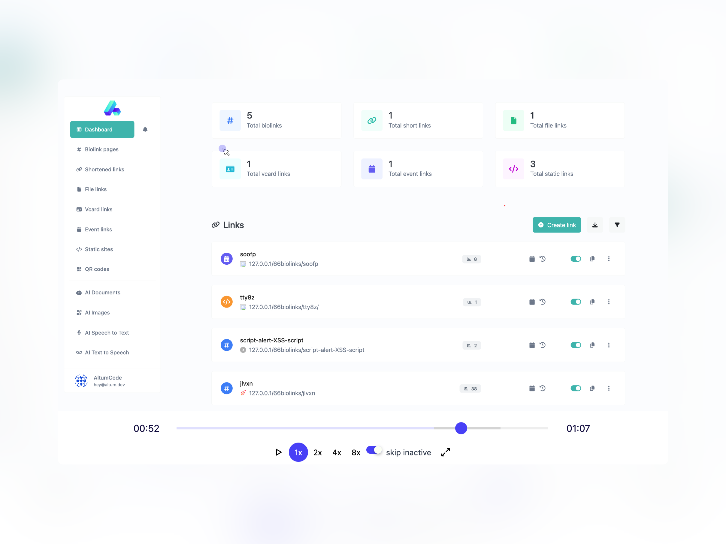 Captura de tela da página de replay de sessão do aplicativo