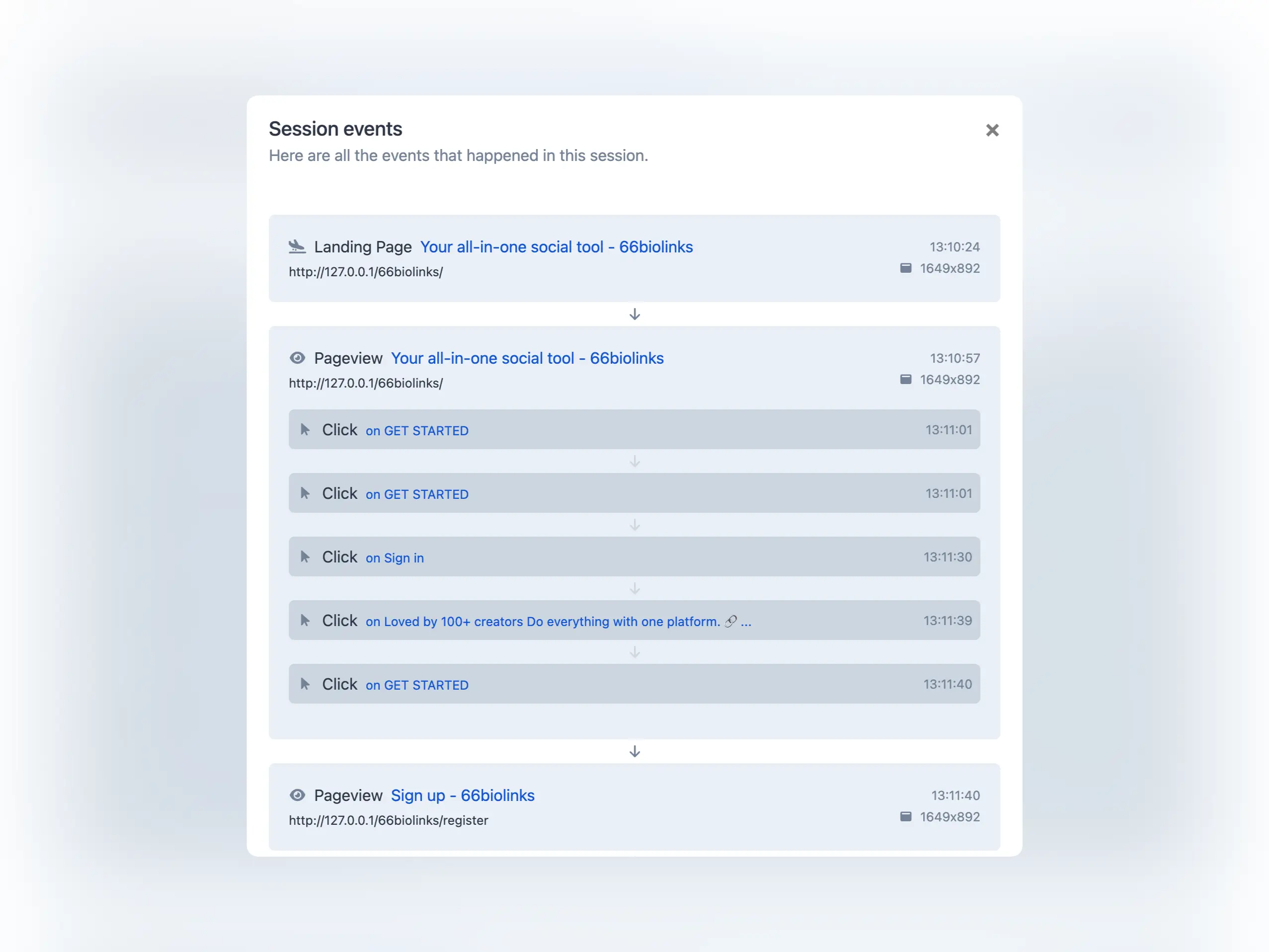 Captura de tela da página de lista de eventos de visitantes do aplicativo